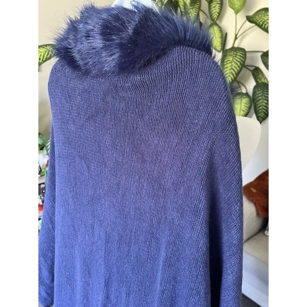 Tamsy Boutique Navy Blue Faux Fur Poncho Old Money Cape Wrap OS #1017